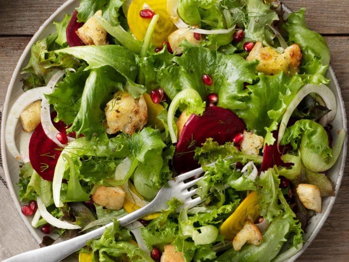 Crunchy Beet Salad with Sourdough Croutons and Feta