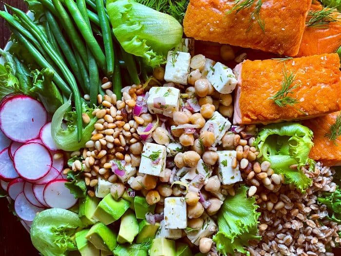Marinated Chickpea and Feta Salad with Farro and Seared Salmon